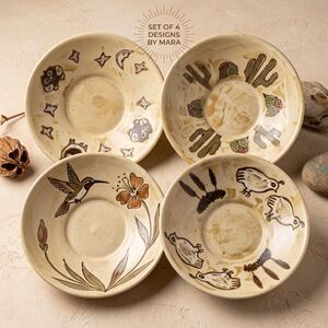 4 Mara Pottery Soup Bowls - Mexico - Southwest Cactus, Hummingbird, Quail, OWL